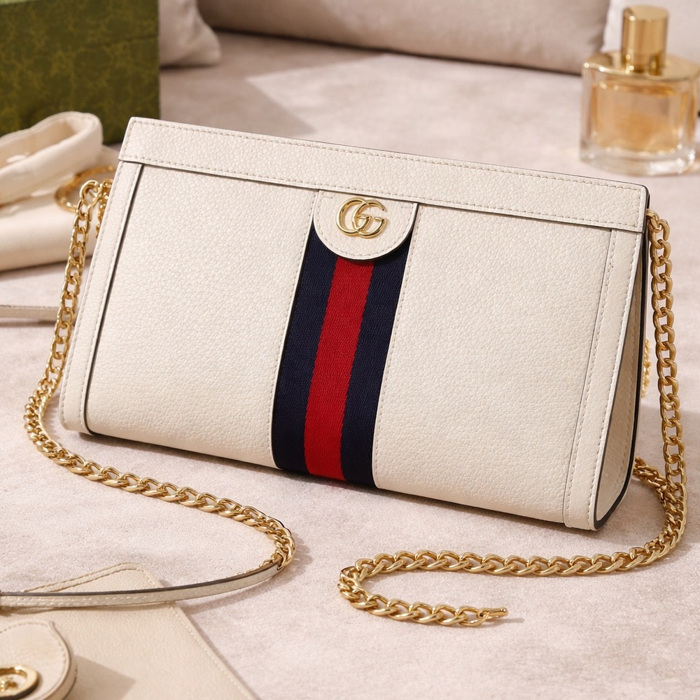 Gucci Ophidia White Leather GG Clutch w/ Chain Strap Crossbody Authentic